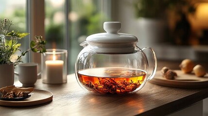 Brewed Tea in Glass Teapot on a Wooden Table