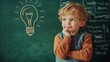 © TheosArtTavern - A young boy is looking at a chalkboard with a light bulb drawn on it