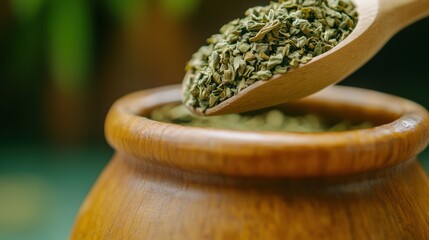 Canvas Print - Yerba Mate Preparation with Wooden Spoon and Calabash Gourd - Organic Herbal Drink Ingredients, AI