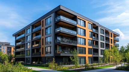 A modern apartment building's outer wall, where one side meets another.