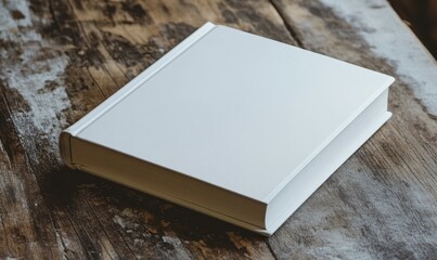 A white book lies on a wooden surface.