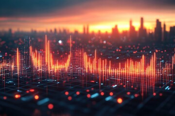 A vibrant digital trading graph displays stock market trends against a sunset skyline backdrop