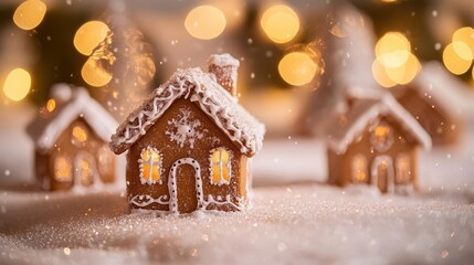 cozy winter scene of miniature gingerbread houses dusted with powdered sugar snow soft focus fairy lights create a magical warm glow in the background