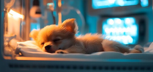 Adorable sleeping puppy in a cozy environment, radiating warmth and innocence in a soft glow of blue light.