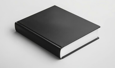 Closed black book on a white surface.