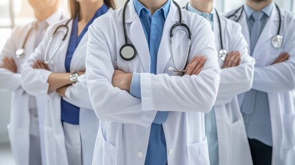 A group of doctors stand together in a line, all wearing white coats