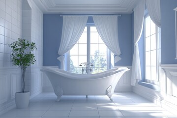 Wall Mural - Modern Minimalist Bathroom Design with Blue Accents and Freestanding Tub