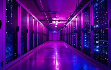 Futuristic data center hallway illuminated with vibrant purple and blue lights, showcasing modern server technology and design.