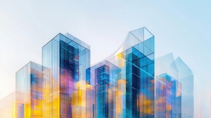 Abstract view of modern glass buildings with vibrant reflections and a soft background, creating a futuristic urban atmosphere.