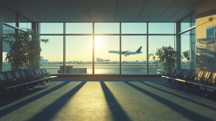 A quiet airport waiting area with big windows.  You can see a plane taking off and sunshine making shadows on the carpet.