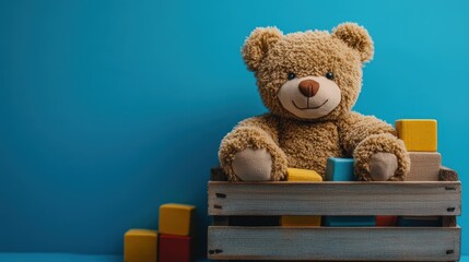 A teddy bear sits in a wooden crate with colorful wooden blocks, against a blue background.