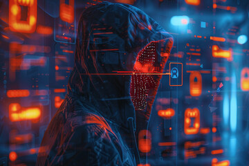 Wall Mural - a man is wearing a hoodie and is looking at a screen with a red light