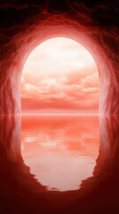 Wall Mural - A red cave with a large opening and a body of water in the background