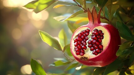 a ripe pomegranate bursts open, revealing juicy seeds, surrounded by lush green leaves.