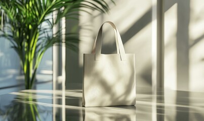 Wall Mural - White tote bag on a reflective table.