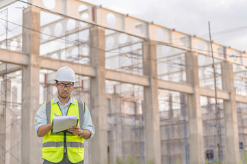 Two Asian engineer working at site of a large building project,Work overtime at construction site,Team of engineer discus at site,The architect, supervisor, and foreman meet to discuss the design