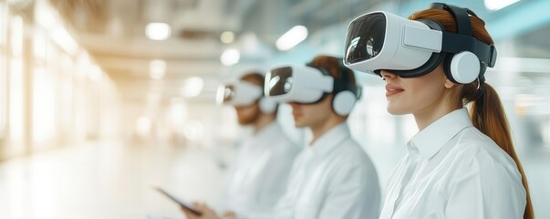 Group of professionals wearing virtual reality headsets in a modern workspace. Engaging in immersive technology experiences.