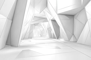 Abstract line art illustration depicting a futuristic white interior with polygonal elements Architectural background in a 3D rendered style