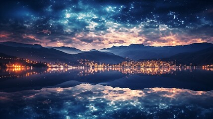 Stunning nighttime lake landscape with mountains reflecting in the water. A picturesque scene enhanced by vibrant colors and stars in the sky.