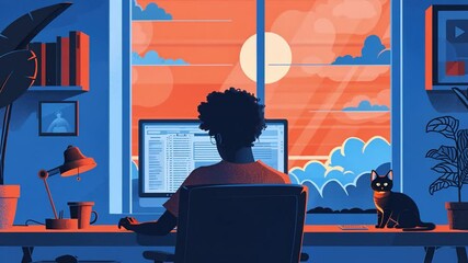Aufkleber - A person sits at a desk in a cozy workspace, focused on their computer as the sun sets outside, casting warm light on a relaxed cat beside them.