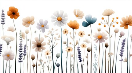 Poster - A seamless floral pattern featuring various stylized flowers and plants in soft pastel colors on a white background. The delicate illustration includes daisies, lavenders, and poppies.