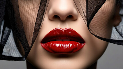 Red lips covered with a veil