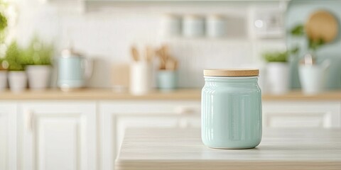 Poster - Bright and Inviting Kitchen Interior Featuring a Glass Jar of Colorful Food Ingredients on a Wooden Countertop, Highlighting a Warm and Welcoming Culinary Space