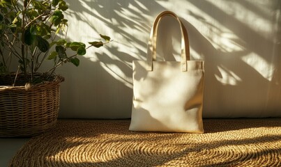 Canvas Print - Beige tote bag on a woven rug.