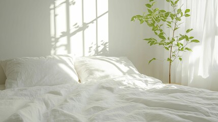 Canvas Print - Cozy Bedroom Setting Featuring a Serene Bed with a Lush Green Plant in the Corner, Perfect for Creating a Tranquil Atmosphere and Inviting Natural Elements into Interior Spaces