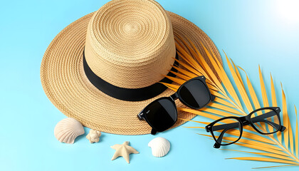 Wall Mural - Travel, vacation concept. Hat, sea shells, palm, eyeglasses on blue background isolated with white highlights, png