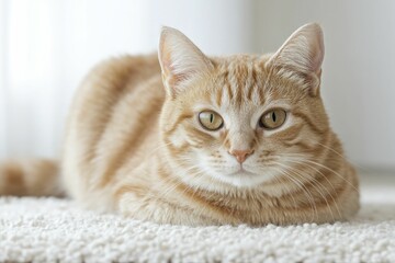 Poster - Cozy Domestic Cat Relaxing Comfortably on Soft Carpet, Capturing the Essence of Feline Serenity and Home Comfort