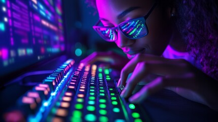 Fingers dance across a mechanical keyboard with colorful key lighting as a coder focuses intently on vibrant coding lines reflected in her glasses