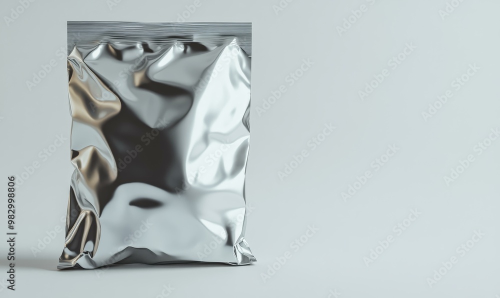 Silver foil pouch on a light background.