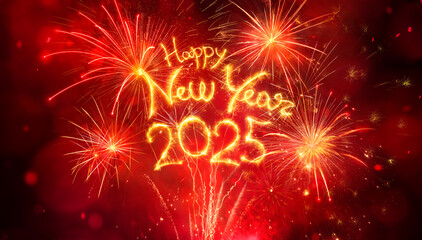 Wall Mural - 2025 happy new year celebration with red and golden firework in eve night
