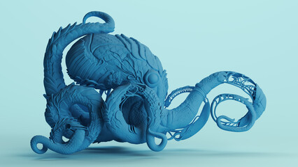 Canvas Print - Blue kraken nautilus cthulhu type sculpture tentacles monochrome pale blue background right view 3d illustration render digital rendering