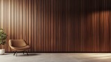 The interior features a seamless acoustic panel wall with rich brown wood grain, complemented by a stylish chair and potted plant, enhancing the warm atmosphere