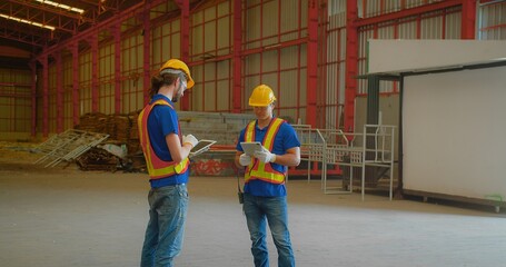 Two construction workers discussing plans inside a spacious warehouse. They are wearing safety gear, emphasizing teamwork and collaboration on the job site.