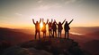 © Iona - A group of friends standing atop a mountain with their arms raised in celebration, embracing the golden sunrise and the breathtaking landscape below.