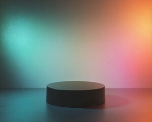 Aufkleber - Glossy Black Podium on Reflective Surface with Iridescent Light Spots and Colorful Dynamic Lighting - Minimalist and Festive