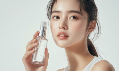 young woman holds skincare bottle, white background.