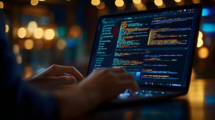 Software Developer Working on Code on Laptop in a Cafe
