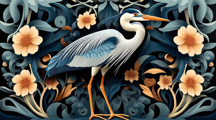 Wall Mural - Intricate illustration of a heron surrounded by stylized flowers and foliage with a dark background.