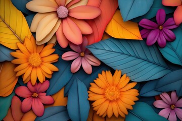 Wall Mural - A vibrant composition of various colored flowers and leaves arranged in a visually stunning pattern. The flowers include shades of orange, pink, and purple, while the leaves are primarily blue