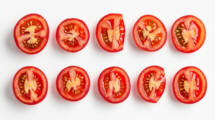 Wall Mural - A set of freshly cut tomato slices is arranged in a neat line on a white surface, emphasizing their juicy interior and bright red exterior