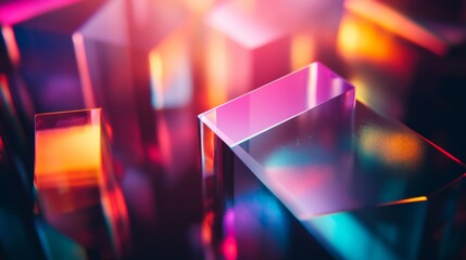 Light is refracted through a prism, casting colorful geometric patterns on a black surface. The interplay of colors creates a visually striking contrast and soft shapes