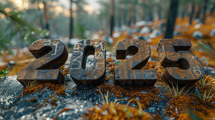 Digits 2025 in forest , environmental protection and New Year concept.