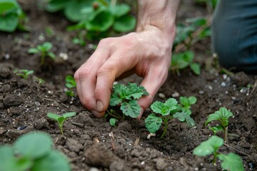 Gardener removing weeds growing near vegetable plants