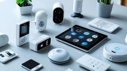 Poster - Various smart home devices are arranged on a sleek table, emphasizing their design and functionality. The array includes a tablet, cameras, sensors, and smart speakers.