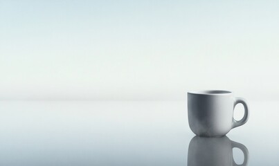 Aufkleber - Minimalist White Coffee Mug on Reflective Surface Against Plain Background