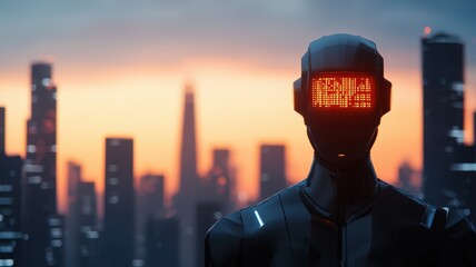 A futuristic robot silhouette against a glowing city skyline, embodying technology and innovation in a digital age.